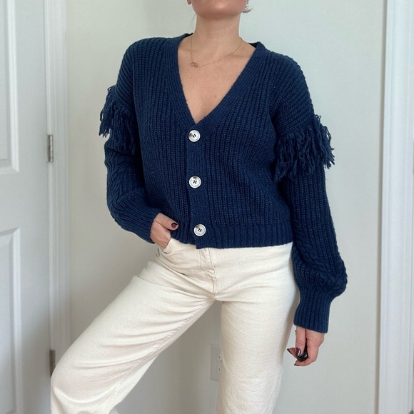 Fringe Trim Heavy Knit V-neck Cardigan - Picture 3 of 9